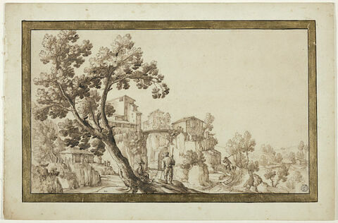 Paysage avec un arbre au premier plan, des maisons sur des escarpements rocheux, un pont suspendu et des figures