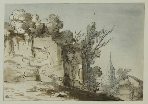 Paysage rocheux, avec clocher et maison, image 1/1