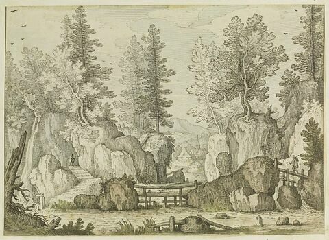 Paysage : rochers et arbres, rivière avec passerelles et deux figures