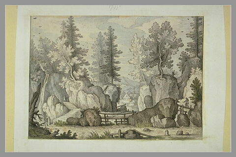 Paysage : rochers et arbres, rivière avec passerelles et deux figures, image 2/2