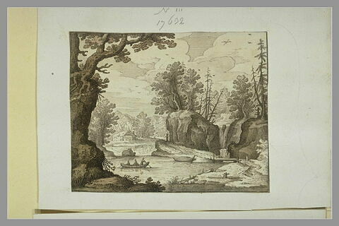 Paysage : rivière avec des barques, entourée d'arbres, de rochers, image 1/1