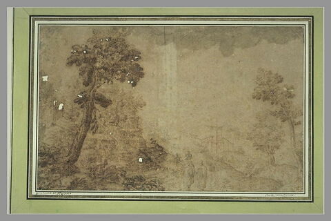 Paysage avec un grand arbre auprès duquel discutent deux personnages