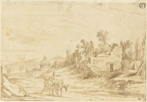Paysage montueux, avec deux hommes et deux mulets sur un chemin