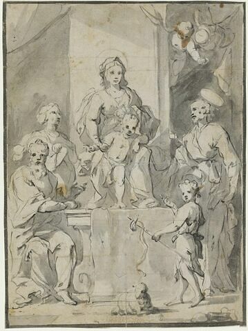 La Vierge et l'Enfant sur un piédestal, entourés de saints