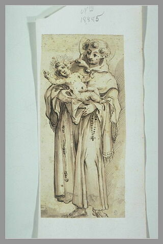 Saint Antoine de Padoue debout, de face, tenant l'Enfant Jésus dans ses bras