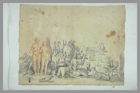Adam et Eve debout, entourés de diverses espèces d'animaux