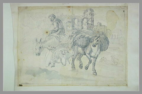 Berger sur un âne, avec un cheval bâté, et des moutons