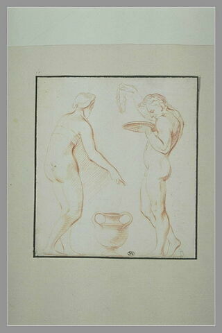 Une femme et un homme nus, debout de part et d'autre d'un vase