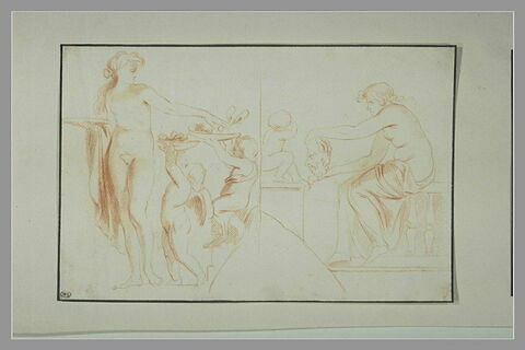 Hermaphrodite et des enfants ; femme assise présentant un masque à un enfant