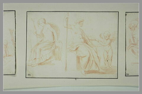 Femme assise de profil tenant un baton ; Vénus, assise de profil, et l'Amour