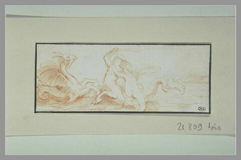 Femme nue, vue de dos, sur un monstre marin combattant un griffon