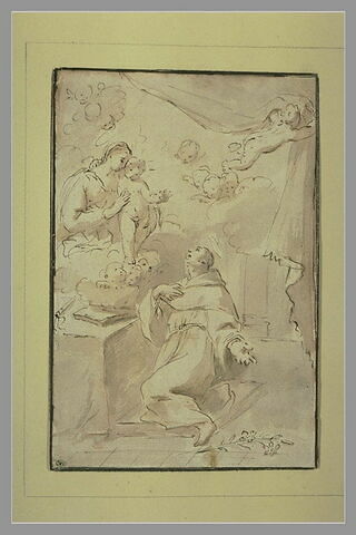Apparition à un saint à genoux, de la Vierge avec l'Enfant Jésus, image 1/1
