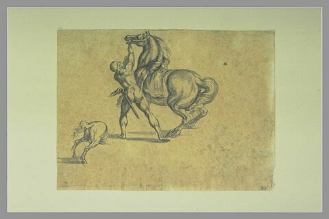 Un palefrenier retenant un cheval nerveux, et arrière-train de cheval