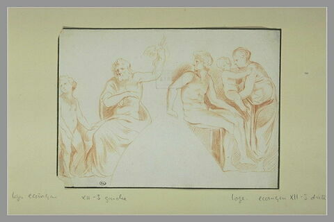 Jupiter tenant la foudre, et un enfant ; homme nu assis, femme et enfant