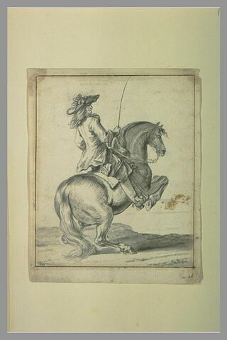 Cavalier, de trois quarts de dos, sur un cheval qui se cabre