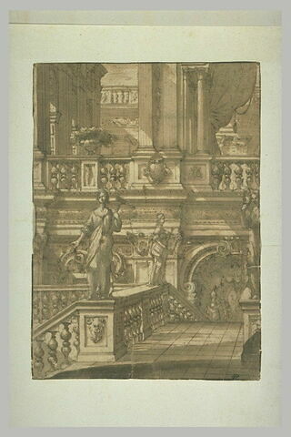 Etude d'un palier d'escalier de palais, avec une statue de la Renommée