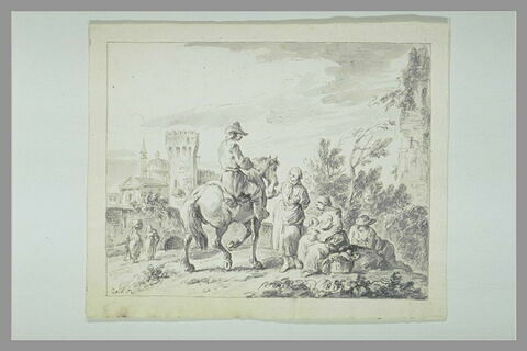 Un cavalier, deux femmes et un enfants, un homme allongé, devant une ville
