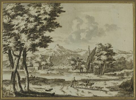 Paysage avec habitations et monuments au bord d'un cours d'eau