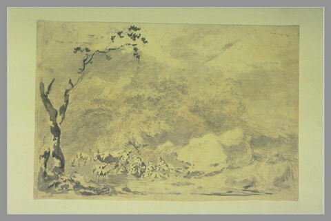 Paysage avec plusieurs femmes et des animaux se baignant dans un ruisseau, image 1/1