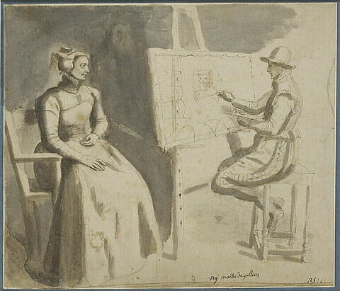 Un peintre faisant le portrait d'une dame assise