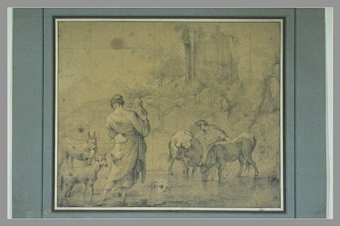 Paysage avec figures et animaux et, au fond, les ruines d'un château