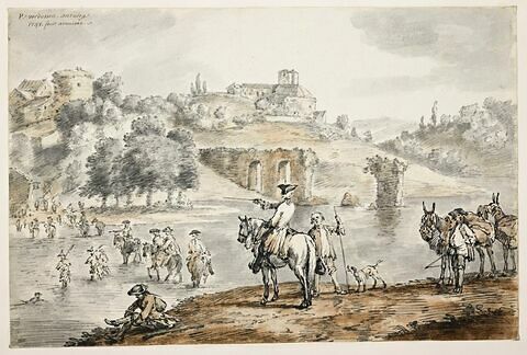 Passage à gué d'une rivière par une troupe de cavalerie
