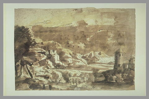 Paysage montagneux avec une tour ronde et une forteresse sur un rocher, image 1/1