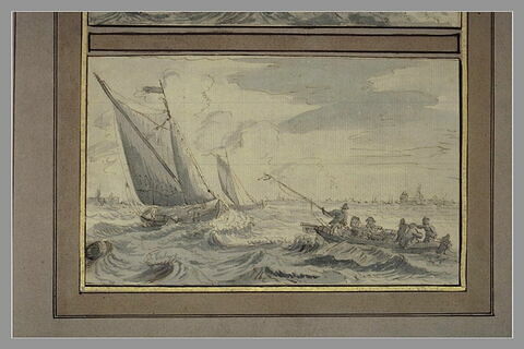 Marine : hommes dans un canot et deux barques aux voiles déployées