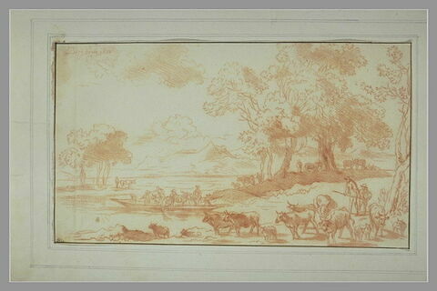 Bords de rivière, avec un bac , des figures et un troupeau