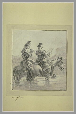 Homme et femme à cheval passant une rivière à gué, image 1/1