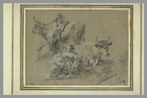 Jeune pâtre, paysanne avec son enfant et trois vaches, image 1/1