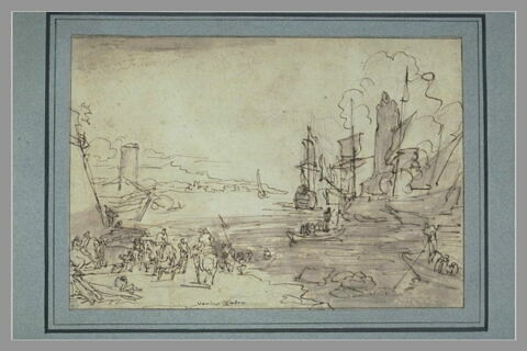 Port de mer avec des navires et cannots, et quatre cavaliers sur le rivage