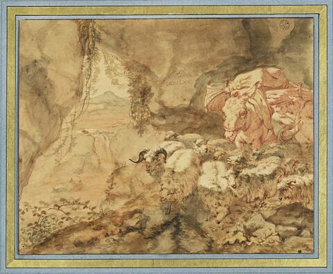 Un berger, dans une grotte, conduisant des moutons et un âne