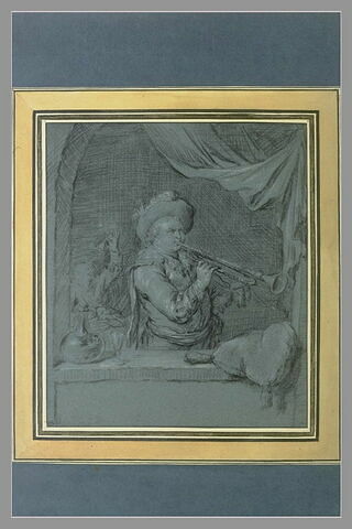 Un soldat jouant de la trompette, dans l'embrasure d'une fenêtre, image 2/2