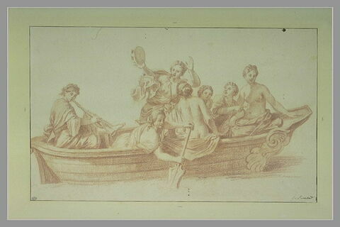 Barque portant six jeunes femmes et un joueur de flûte