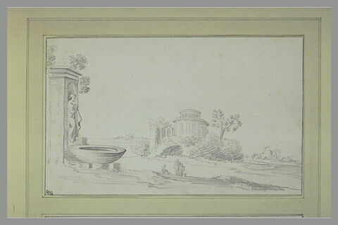 Paysage, avec une fontaine et un temple antique