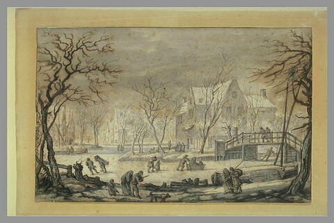 Sur les canaux gelés d'une ville, patineurs et gens luttant contre le froid
