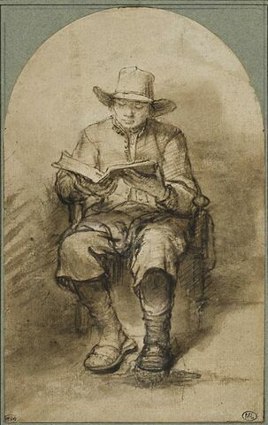 Homme assis, coiffé d'un chapeau à larges bords, lisant