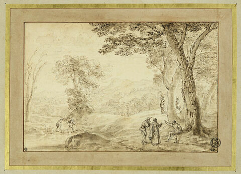 Personnages conversant dans un paysage boisé arrosé d'un ruisseau