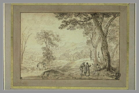 Personnages conversant dans un paysage boisé arrosé d'un ruisseau, image 3/4