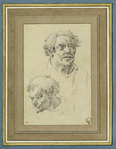 Deux têtes d'hommes, portant moustache et impériale