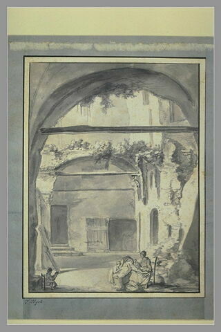 Intérieur de cour italienne, avec une femme et deux enfants, image 2/2