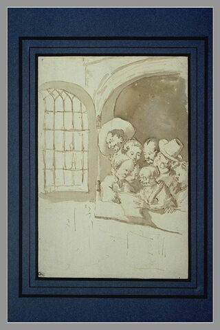 Sept figures dans l'embrasure d'une fenêtre, dont une vieille femme lisant