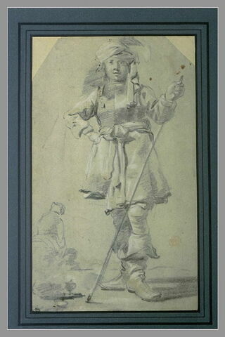 Etude d'un soldat, la main gauche appuyée sur une canne