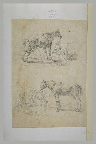 Cheval attaché urinant, et étude d'un cheval, avec deux cavaliers