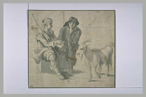 Jeune paysan gardant une chèvre, offrant du pain à un mendiant