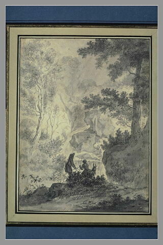 Deux personnages contemplant une cascade dans un bois