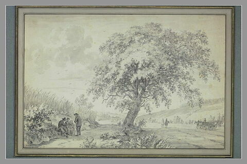 Personnages conversant à l'ombre d'un grand chêne, près d'une route, image 1/1