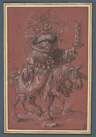 Saint Nicolas sur un âne, costumé en 'Vielfrass' ou glouton