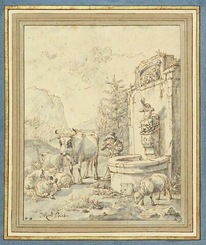 Jeune berger et son troupeau, à gauche d'une fontaine